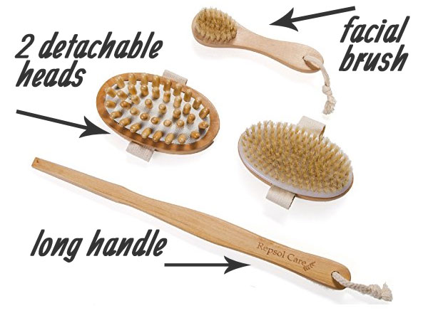 3-Piece Skin Brushing Set with Removable Handle and Massage Head with Wooden Nubs